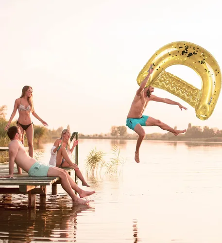 Miniatura 4 de POZA Silla flotante inflable para piscina, tumbona lujosa rellena de confeti brillante, 2 portavasos y asas integrados, silla flotante de agua