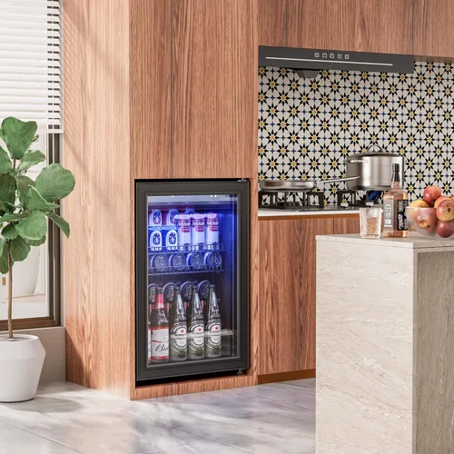 Miniatura 5 de Manastin - Refrigerador para bebidas enfriador independiente mini refrigerador con puerta de vidrio, estantes ajustables y pantalla digital de Negro