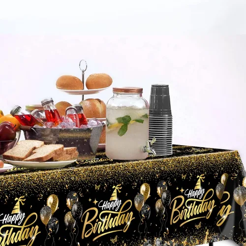 Miniatura 4 de Decoraciones de feliz cumpleaños, mantel dorado y negro, fundas rectangulares de plástico desechables para hombres y mujeres, fiesta de cumpleaños