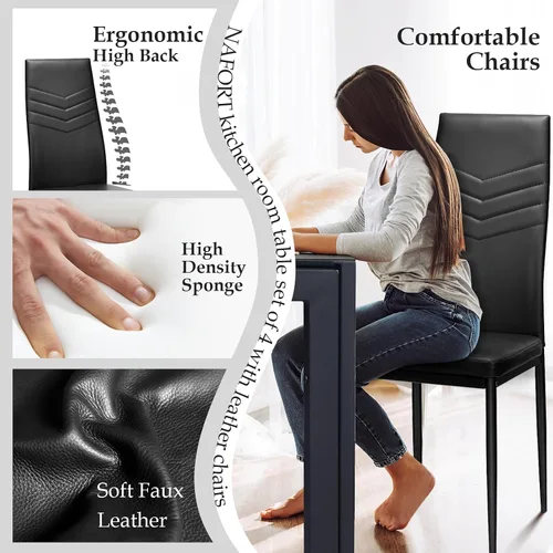 Miniatura 3 de NAFORT Juego de mesa de comedor para 4, mesa rectangular de vidrio templado de 48.5 pulgadas con 4 sillas de comedor de piel sintética negra, mesas