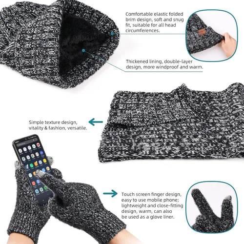 Miniatura 5 de Conjunto de guantes de bufanda para mujer gorro 3 en 1 bufanda larga y guantes de pantalla táctil para mujeres y hombres suave y cálido para regalo