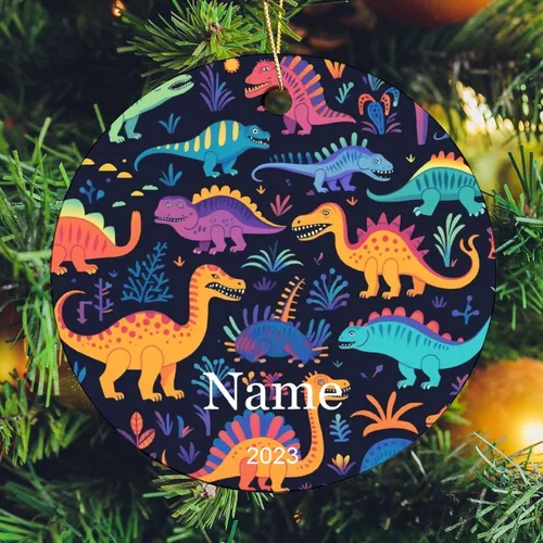 Miniatura 6 de Adorno colorido con patrón de dinosaurio de 3 pulgadas, adorno de Navidad de cerámica de 3 pulgadas, bonito adorno de Navidad de dibujos animados