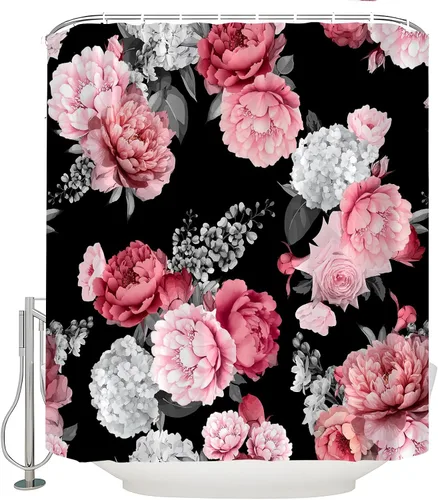 Boho Black Floral Shower Curtain Retro Black Grey Pink Bossom Flower Colorful Rustic Elegant Rose Watercolor Peony Vintage Leaves Spring Plant