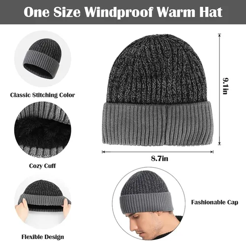 Miniatura 5 de Guantes para hombre para clima frío invierno cálido de felpa gris oscuro gorro de punto grueso para Navidad Año Nuevo regalo de cumpleaños