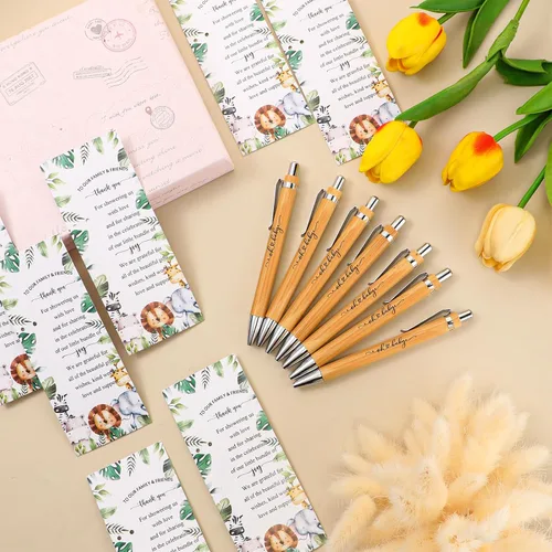 Miniatura 4 de Zhanmai 25 juegos de recuerdos de safari para baby shower, incluye bolígrafos de bambú y tarjetas de agradecimiento, bridas plateadas, selva