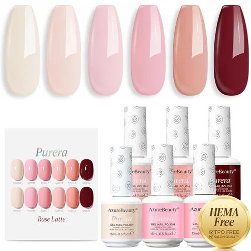 AZUREBEAUTY Juego de esmaltes de uñas de gel Purera de 6 colores de 0.5 fl oz, sin HEMA, botellas del mismo color, kit de esmalte de gel UV LED,
