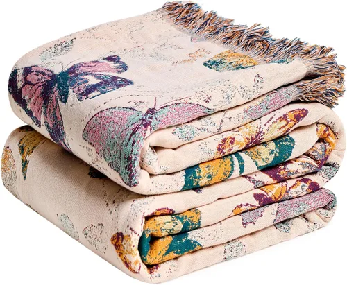 Miniatura 21 de MSGKV Manta de Tiro 100% Algodón para Cama Sofá Otoño 90''x 98'' Mantas de Muselina Súper Suaves Cálidas Colcha Bohemia Ligera Mantas Decorativas