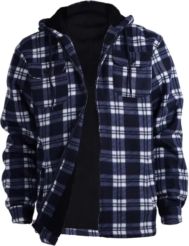 Chaqueta de franela a cuadros para hombre, de felpa con capucha, sherpa con cremallera, pesada y gruesa, cálida para invierno