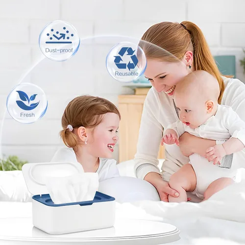 Miniatura 2 de 2 dispensadores de toallitas reutilizables, contenedor de toallitas recargable, fácil de abrir y cerrar con tapa, para baño, bebé, guardería, Azul +
