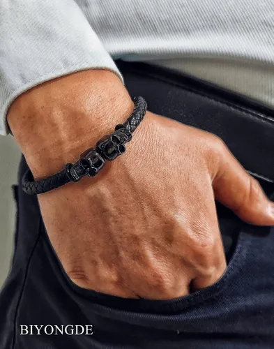 Miniatura 3 de Pulsera de cuero trenzado negro para hombre, acero inoxidable, dos encantos de calavera, gótica