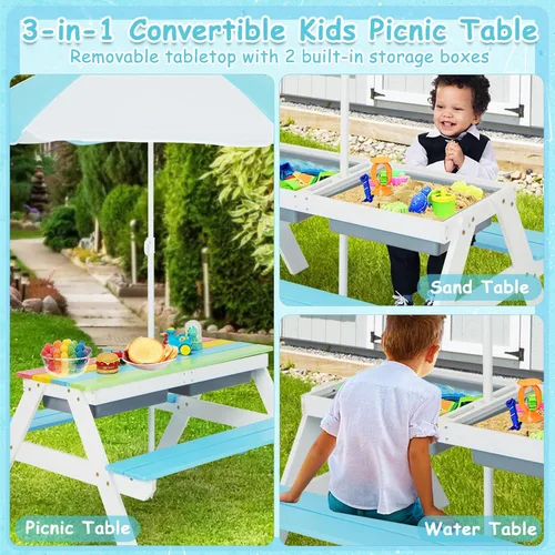 Miniatura 2 de Costzon Mesa de Picnic para Niños con Contenedores Sensoriales, Mesa de Arena y Agua 4 en 1 con Sombrilla de Altura Ajustable, Superficie de Mesa