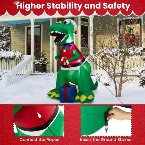 Miniatura 5 de GOFLAME Dinosaurio inflable de Navidad de 6 pies con regalo, decoración de Navidad inflable con luces LED, soplador impermeable, decoración inflable
