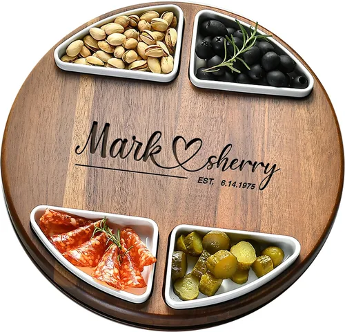 Miniatura 14 de Shanik Juego Mejorado de Tabla Giratoria Lazy Susan para Cortar Queso - Tabla Redonda de Acacia para Charcutería con 4 Tazones de Cerámica - Regalos