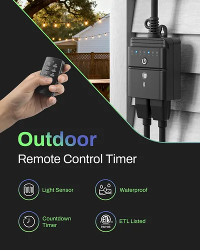 Miniatura 2 de BN-LINK Temporizador para exteriores con control remoto, sensor de luz del atardecer al amanecer, salida de temporizador impermeable enchufable, 2