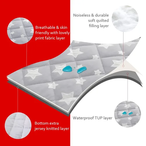 Miniatura 4 de Paquete de 2 protectores de colchón para cuna, impermeables, acolchados, de 52 x 28 pulgadas, extra suave, transpirable, para cama de niños Estrella