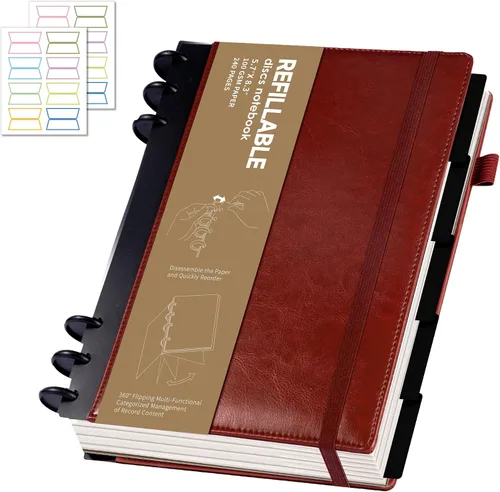 Miniatura 13 de Yoment - Cuaderno de diario de cuero para trabajo, recargable, 224 páginas, 100 GSM, papel grueso, cuaderno de 5 materias con separadores y pestañas