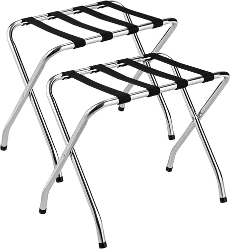 Miniatura 10 de Tangkula Portaequipajes cromado para habitación de invitados, no requiere montaje, soporte plegable de metal para maleta con cinturones de nailon