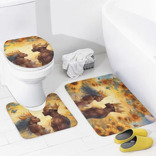 Miniatura 3 de Juego de alfombras de baño Afro Black King Queen Romantic Love de 3 piezas con diseño de mariposa antideslizantes para suelo de baño, suaves