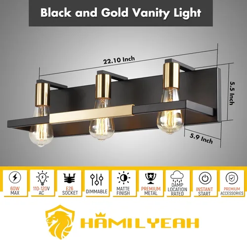 Miniatura 2 de Hamilyeah Lámparas de baño rústicas sobre espejo, luces de tocador negras y doradas mate para baño, 3 lámparas de pared vintage, iluminación