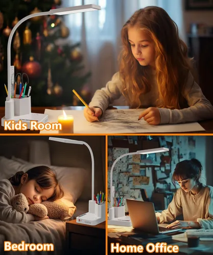 Miniatura 4 de Lámpara de Escritorio, Lámparas de Escritorio LED para Oficina en Casa con 2 Puertos de Carga USB/Toma de Corriente/Organizador, Lámpara