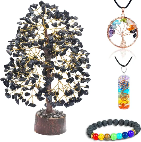 Árbol de vida de cristal de turmalina negra con pulsera y 2 colgantes, decoración de árbol de gemas feng shui, cristales curativos, regalos