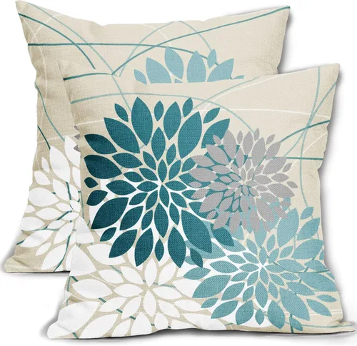 Juego de 2 fundas de almohada de color verde azulado de 20 x 20 pulgadas, almohadas decorativas de flores de dalia modernas geométricas florales