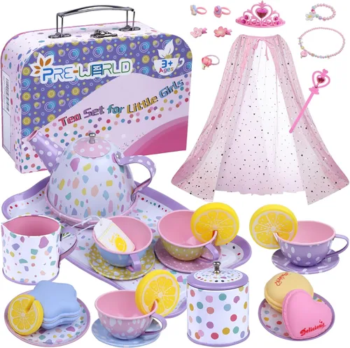 Miniatura 12 de PRE-WORLD Juego de fiesta de té para niñas pequeñas, 46 piezas de juguetes de princesa para la hora del té, incluyendo postre, galletas, dona