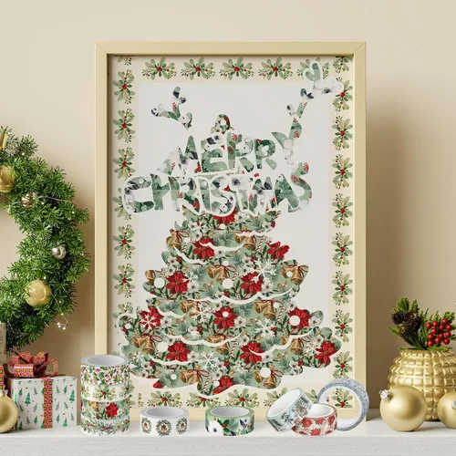 Miniatura 6 de Whaline 12 rollos de cinta washi floral de Navidad, acuarela, bayas, hojas de acebo, conos de pino, campanas de alce, plantas, cinta adhesiva