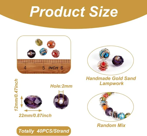 Miniatura 2 de Craftdady Cuentas de vidrio facetadas de arena dorada de 0.47 pulgadas Millefiori, cuentas sueltas redondas con agujero de 0.039 in para fabricación