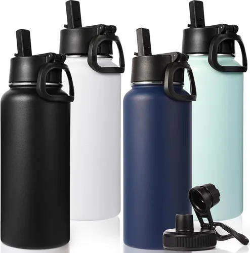 Miniatura 42 de Neihepal Botella de agua aislada de 32 onzas con 2 tapas (tapa con pajilla y boquilla), botellas de agua de doble pared de acero inoxidable 18/8
