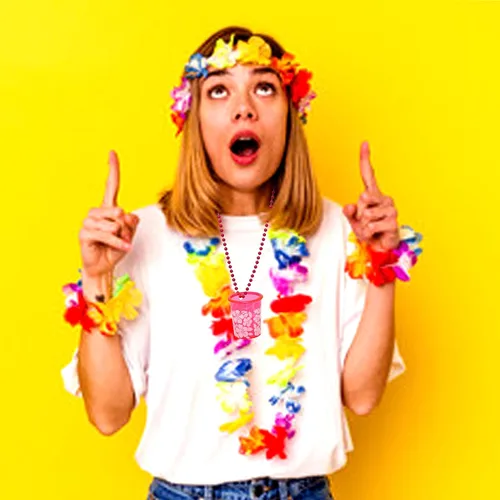 Miniatura 3 de Fun Express Collares hawaianos de cristal de chupito Luau a granel, 12 unidades de hibisco hawaiano Luau, recuerdos de fiesta hawaiana, Hula Aloha