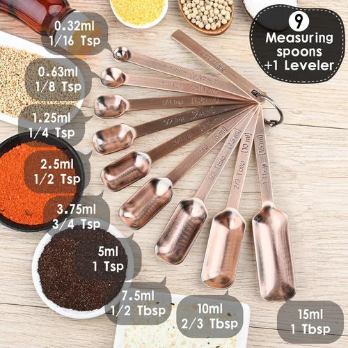 Miniatura 9 de Juego de tazas y cucharas medidoras de cobre, juego de tazas y cucharas medidoras de acero inoxidable, taza métrica y estadounidense 7 medida y 9