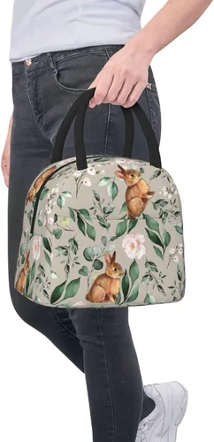 Miniatura 7 de Cute Bunnies - Bolsa de almuerzo grande con diseño de flores rosadas, caja de capacidad para preparar comidas de conejo, bolsa aislada reutilizable