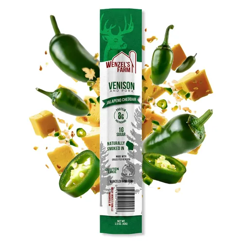 Wenzel's Farm Paquete de 8 palitos de venado cheddar de jalapeño | Sabrosos, ahumados naturalmente │ Alto en proteínas, bajo en carbohidratos │ Sin