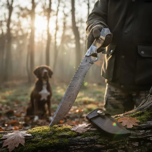 Miniatura 6 de Poshland RG-213 Cuchillo Bowie de acero de Damasco hecho a mano de 15 pulgadas - Hermoso mango de cuerno de cordero con refuerzos de acero de Damasco