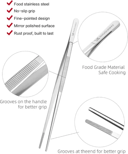 Miniatura 4 de MSY BIGSUNNY - Juego de 3 pinzas de cocina finas, pinzas de acero inoxidable para alimentos, puntas dentadas de precisión