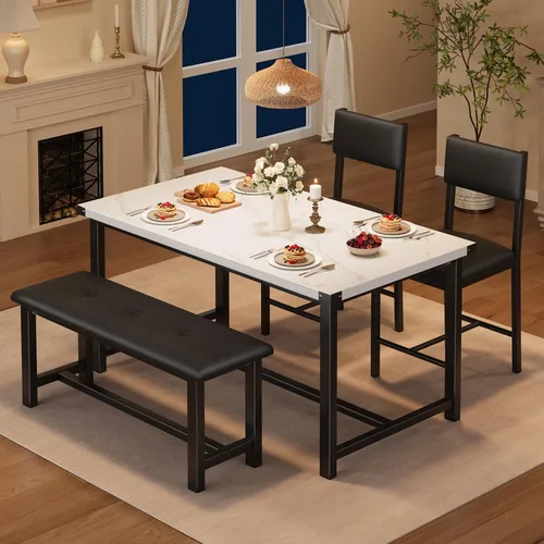 GarveeHome Juego de mesa de comedor para 4, mesa de cocina con 2 sillas tapizadas y banco, juego de comedor de cocina de madera, para espacios