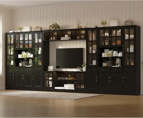 Miniatura 19 de MEISSALIVVE Mueble de pared con almacenamiento y luces LED, gran centro de entretenimiento con estanterías para televisores de hasta 70 pulgadas