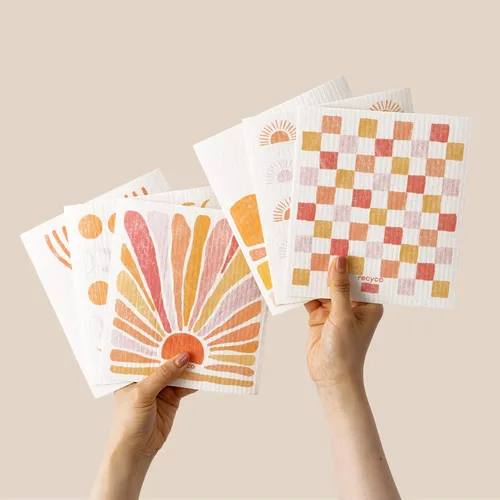 Miniatura 16 de RECYCO Paños suecos para cocina Paquete de 5 trapos geométricos lavables Toallas de papel de limpieza reutilizables de celulosa Paño