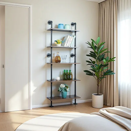 Miniatura 7 de Estantería Industrial de 5 estantes con tubos, estantería moderna y negra, estante de escalera para montaje en pared con marco de metal