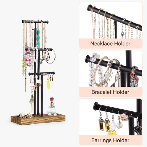 Miniatura 4 de Love-KANKEI Soporte organizador de joyas con base de metal y madera y almacenamiento grande para collares, pulseras, aretes, organizador negro
