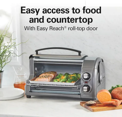 Miniatura 2 de Horno tostador Hamilton Beach Easy Reach para encimera, 4 rebanadas, con puerta enrollable, 1200 vatios, para pizza de 9 pulgadas, 3 funciones