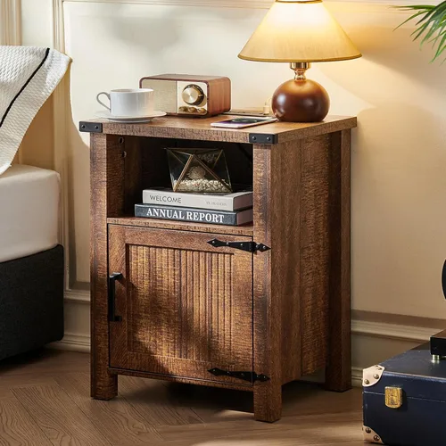 Miniatura 15 de Joaxswe Mesita de noche rústica de 18 pulgadas con estación de carga y puerto USB, mesa auxiliar rústica para sofá con puerta magnética, mesas Negro