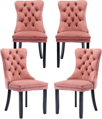 Miniatura 91 de Juego de 2 sillas de comedor de terciopelo, silla de comedor tapizada de alta gama con tirador de anillo en la espalda, adorno de clavos y patas