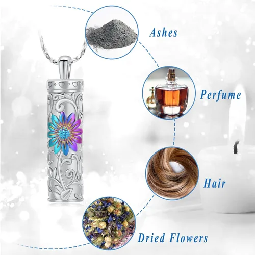 Miniatura 17 de Collar de urna de girasol para cenizas, collar de barra cilíndrica para cenizas para mujer, colgante de recuerdo para cenizas, joyería de cremación