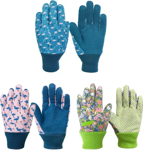 Miniatura 9 de Paquete de 3 pares de guantes de jardín para niños, guantes de jardinería para niños pequeños, regalos medianos para edades de 4 a 5 años, estilo 1