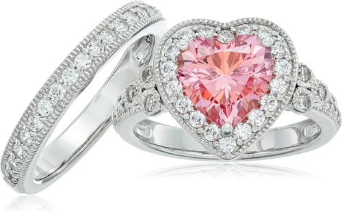 Miniatura 2 de Set de anillo corazón, dos piezas, de plata esterlina bañada en platino, estilo antiguo, de color sofisticado, con circonia de Swarovski.