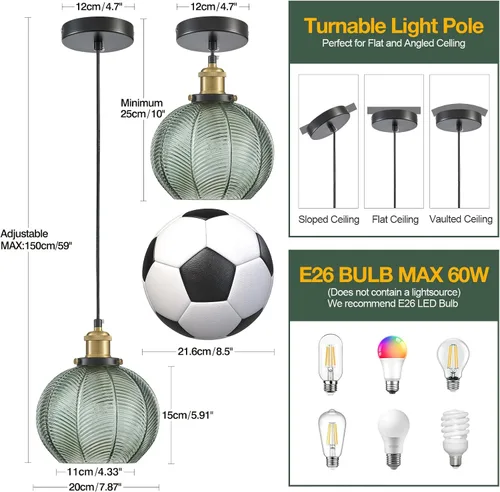Miniatura 6 de Lámpara Colgante Vintage de 7.8 Pulgadas, Luces Colgantes de 1 Luz para Fregadero de Cocina con Vidrio Verde Soplado a Mano, Pequeña Lámpara