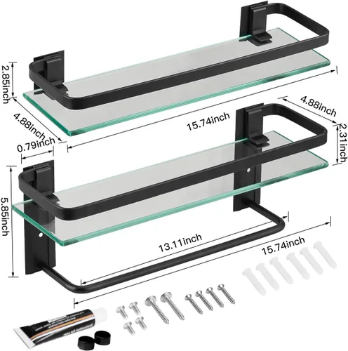 Miniatura 2 de VOLPONE Estante de pared de baño de 15.7 pulgadas, estantes de vidrio para baño montaje en pared, estante de vidrio a prueba de óxido, organizador