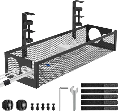 Bandeja de organización de cables para debajo del escritorio, sin taladro, 15.1 pulgadas, caja de organización de cables de malla metálica con Negro